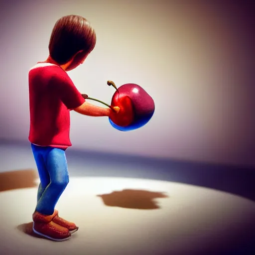 Image similar to close - up of a tiny!!! boy standing on a plate!!! and carrying a ( beachball - sized ) cherry in his arms, ultra realistic, highly detailed, sharp focus, cinematic lighting, mood lighting, realistic, vivid colors, photorealistic, artstation