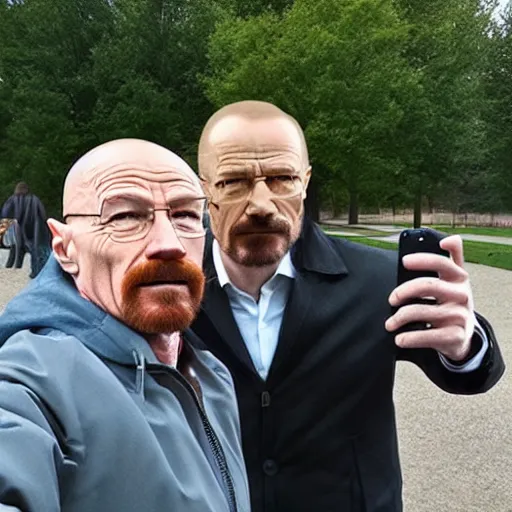 Image similar to walter white and putin in the park, selfie