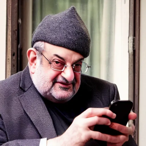 Prompt: selfie of salman rushdie with phone