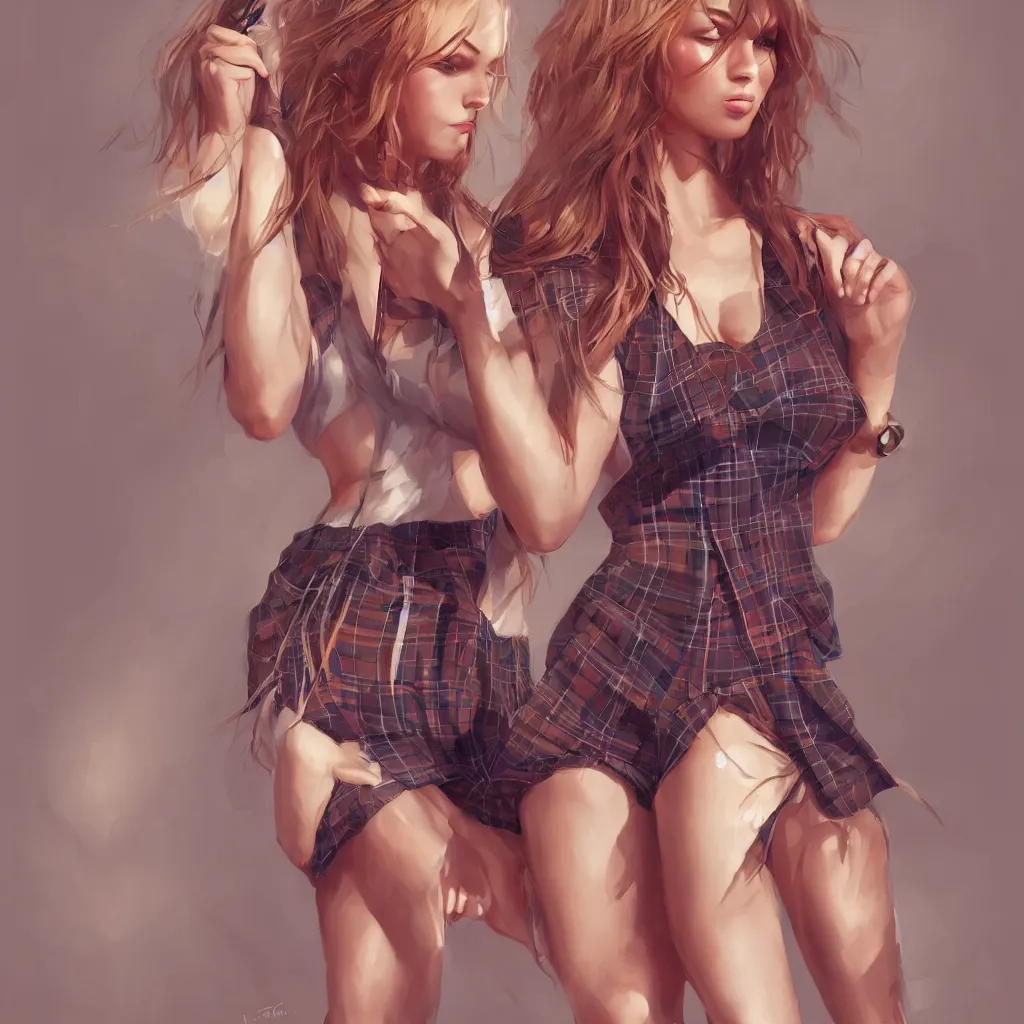 Prompt: a beautiful woman with sultry honey eyes, wearing plaid pleat shorts and drawstring shirred tube top, stunning, highly detailed, digital painting, artstation, hard focus, art by artgerm and wlop