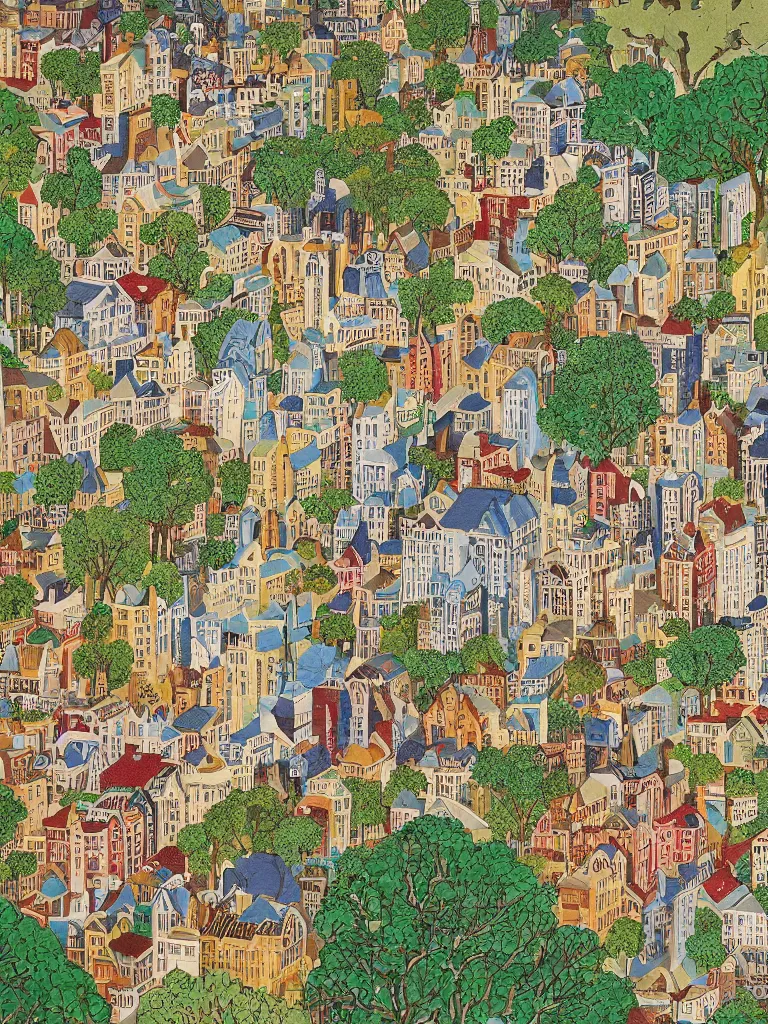 Image similar to an elaborate and dense painting of a peaceful neighborhood, detailed, made of alcohol ink on parchment and penned illustrations, by wes anderson and geoff darrow