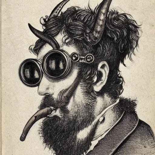 Prompt: steampunk satyr, side profile, three horns, goggles, smoking a cigar, auburn fur, victorian england, slim, sneaky