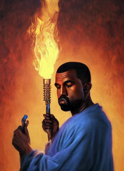 Prompt: realistic oil painting of kanye west holding a torch, detailed, by rembrandt van rijn, lisa frank, hr giger, beksinski, anato finnstark!!, 8 k resolution, beautiful lighting, studio light, extremely detailed, establishing shot, realistic materials, hyperrealistic