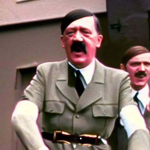 Image similar to A still of Hitler performing in a 1970s music video