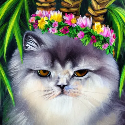 Image similar to anthropomorphic fluffy himalayan cat wearing hawaiian lei and flower crown, with palm tree background, detailed 4 k oil painting