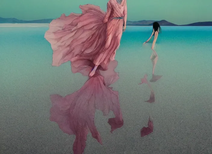 Image similar to lee jin - eun in luxurious dress emerging from pink and turquoise water in salar de uyuni with the ground reflecting the aurora borealis by takato yamamoto, james jean, conrad roset, m. k. kaluta, martine johanna, rule of thirds, elegant look, beautiful, chic, face anatomy, cute complexion