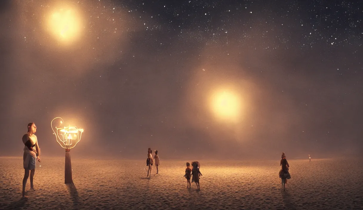 Image similar to beach at night, stars, torches, fireflies, bioluminescence, fire, fog, insane details, intricate, elite, ornate, elegant trend, highly detailed and intricate, sharp focus, photography, unreal engine, trending on artstation, photorealistic, octane, hyper detailed, trending on deviantart,