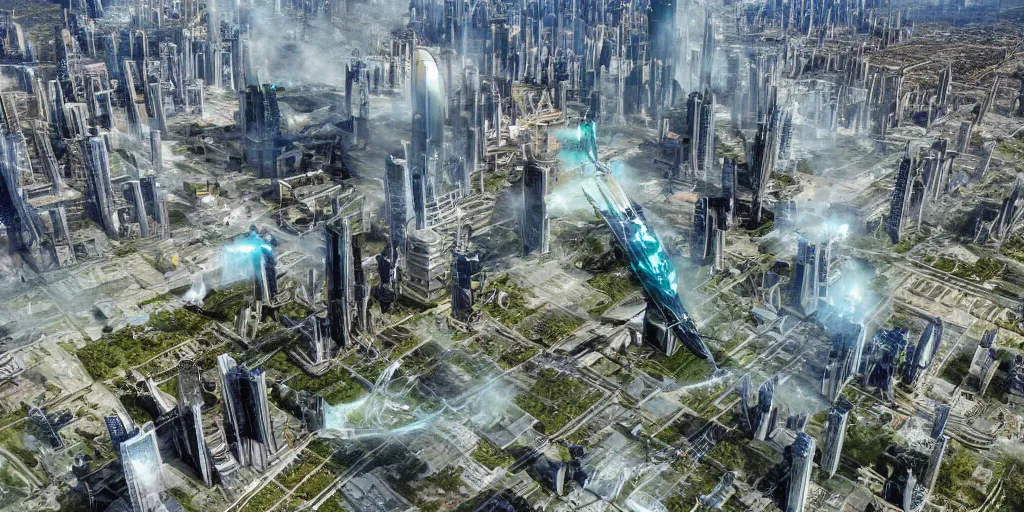 Prompt: future forest city attacked by spaceship, broken buildings, star trek, glory war, photograph