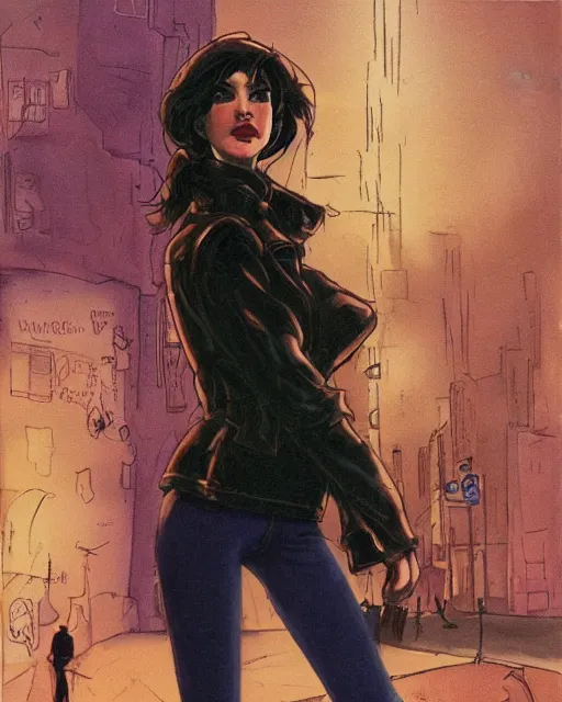 Image similar to young female protagonist in leather jacket, city street, artwork by ralph bakshi