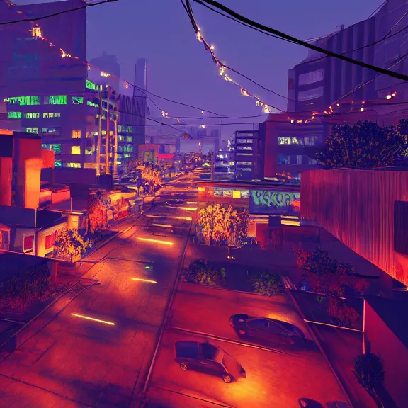 Prompt: Downtown Mexico, string lights, colorful lighting, night, realism, intricate abstract, ((gta 5 screenshot house)), by Tooth Wu, by Greg Rutkowski