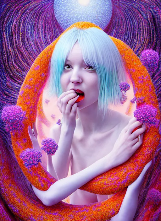 Image similar to hyper detailed 3d render like a Oil painting - kawaii portrait Aurora (white haired Singer Weasle) seen Eating of the Strangling network of yellowcake aerochrome and milky Fruit and Her delicate Hands hold of gossamer polyp blossoms bring iridescent fungal flowers whose spores black the foolish stars by Jacek Yerka, Mariusz Lewandowski, Houdini algorithmic generative render, Abstract brush strokes, Masterpiece, Edward Hopper and James Gilleard, Zdzislaw Beksinski, Mark Ryden, Wolfgang Lettl, hints of Yayoi Kasuma, octane render, 8k