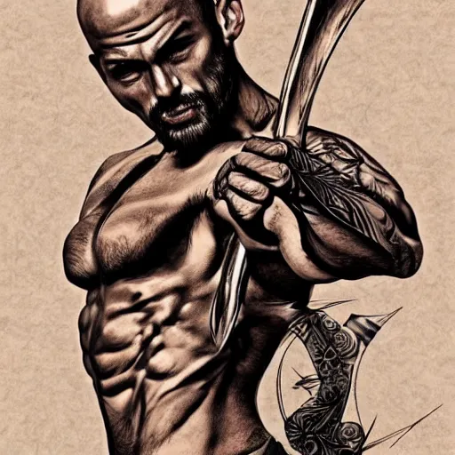 Image similar to muscular bald man, tattooed body, sword in hands, HD, anime style,