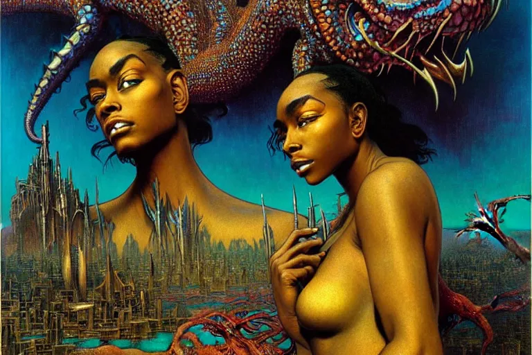 Image similar to realistic extremely detailed closeup portrait painting of a beautiful black woman with a mutant dragon, dystopian city on background by Jean Delville, Amano, Yves Tanguy, Ilya Repin, Alphonse Mucha, Ernst Haeckel, Edward Robert Hughes, Roger Dean, heavy metal 1981, rich moody colours