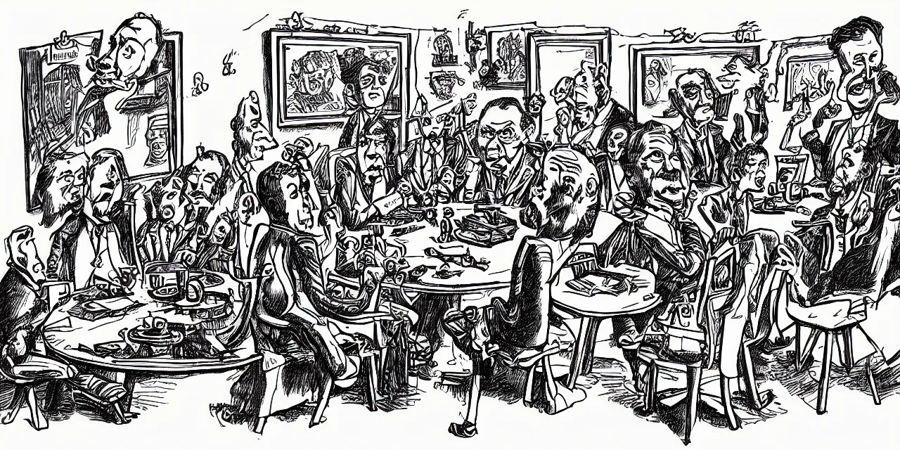 Image similar to surreal caricature sketch by r. crumb, theme of giant insects playing cards while seated around a round table