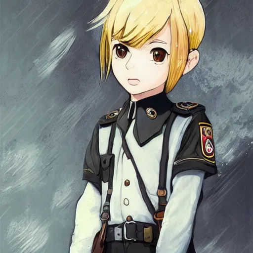 Image similar to beautiful little blonde boy in nazi uniform. made in abyss art style, inspired by kris from deltarrune, cute detailed artwork, anatomically correct, soft details, ilya kuvshinov, reflection, perfect composition, portrait, illumination, digital art, detailed anime soft face, symmetrical face, western comic, illustration, realistic, nazism
