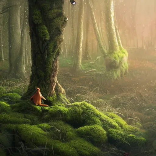 Image similar to a highly detailed digital painting of a tiny cute mossy forest creature by bobby chiu, trending on artstation, octane render, 4 k, unreal 5, big amber eyes, smiling, at sunset, macro photography, goro fujita