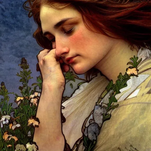 Image similar to dslr portrait photo of wind kissed pictures, ashes, lament, photorealism, hyper - realism, photorealistic, 4 k, high resolution, hyper detailed, realistic, by waterhouse, alphonse mucha,