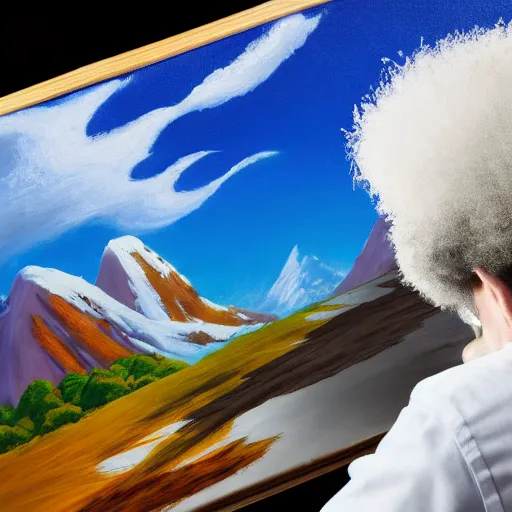 Image similar to a closeup photorealistic photograph of bob ross working on a canvas painting sonic the hedgehog. film still. brightly lit scene. mountain scape. this 4 k hd image is trending on artstation, featured on behance, well - rendered, extra crisp, features intricate detail, epic composition and the style of unreal engine.