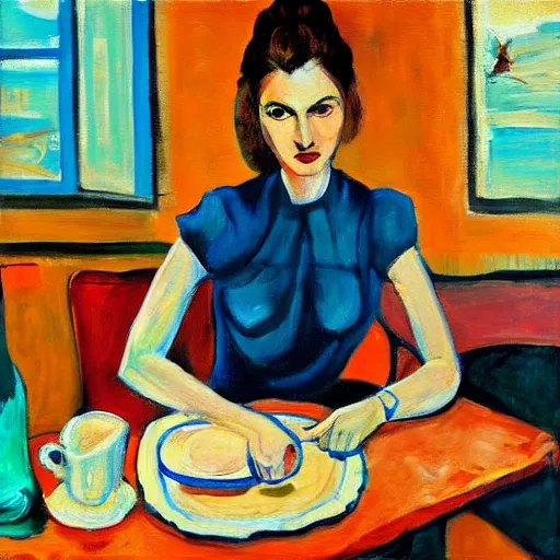 Image similar to a painting of a woman sitting at a table, a digital painting by isaac soyer, pixiv contest winner, american scene painting, digital illustration, digital painting, fauvism