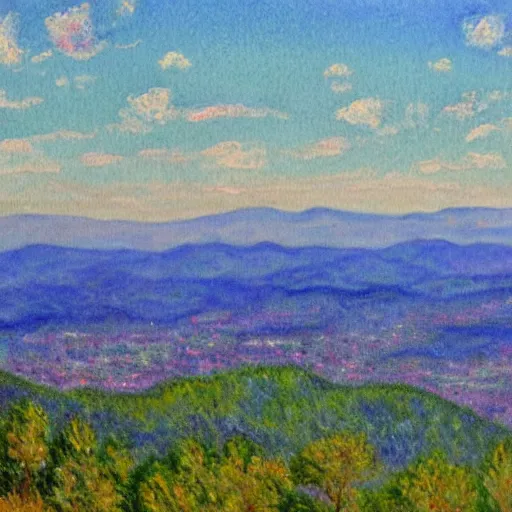 Image similar to asheville skyline from beaucatcher mountain, in the style of claude monet, watercolor, beautiful, scenic, award winning, 4 k, hd