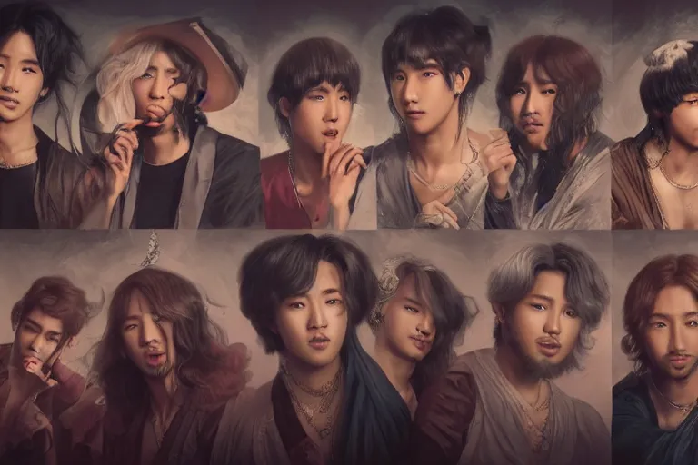 Prompt: an ultra detailed matte portrait of the bts singers in a baroque style, 8 k, volumetric lighting, smooth, highly detailed, digital illustration, art by greg rutkowski and akira toriyama and artgerm