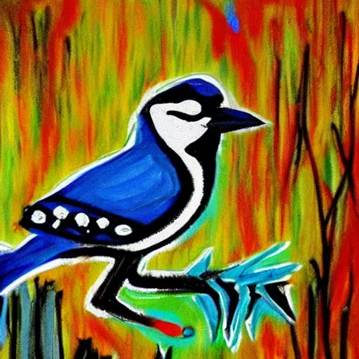 Image similar to bluejay by a river in an autumnal forest, painted by jean michel basquiat