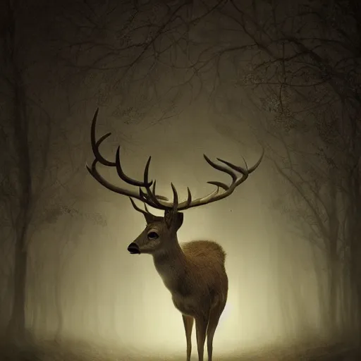 Prompt: deer creepy, nightmare, dream - like heavy atmosphere, neoclassic, baroque painting, beautiful detailed intricate insanely detailed octane render trending on artstation, 8 k artistic photography, photorealistic, volumetric cinematic light, chiaroscuro, raphael, caravaggio, beksinski, giger, rembrandt