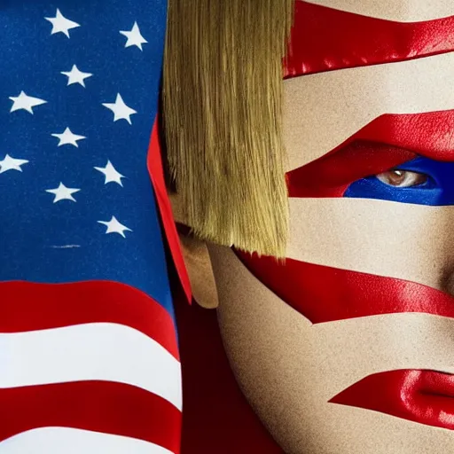 Image similar to portrait of a blonde masculine man two sides hair and thin face lines, his cape is the american flag, he is angry, his costume is blue with yellow eagles head on the shoulders, 8 k, hyper realistic, movie imax shot, film, cinematography, red