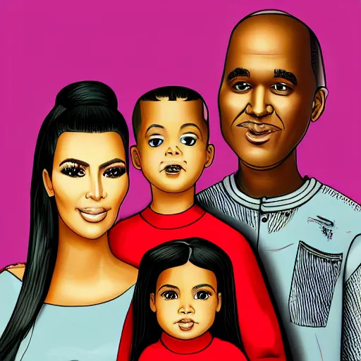 Image similar to Family portrait of Kim Kardashian and husband Freddy krueger with their 3 children. illustration, highly detailed