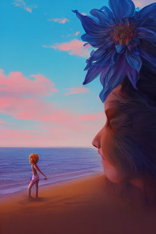 Image similar to closeup huge dahlia flower head, girl standing on beach, surreal photography, blue sky, sunrise, dramatic light, impressionist painting, digital painting, artstation, simon stalenhag