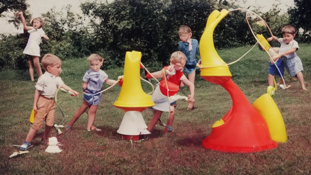 Image similar to 1 9 6 0's children playing with plastic flying tornado - and spiral - shaped toy called