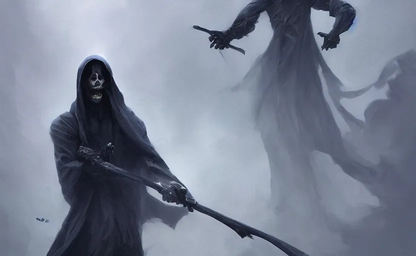 Prompt: the grim reaper, screaming, standing, soft grey and blue natural light, intricate, digital painting, artstation, concept art, smooth, sharp focus, illustration, art by greg rutkowski and luis rollo and uang guangjian and gil elvgren, symmetry!