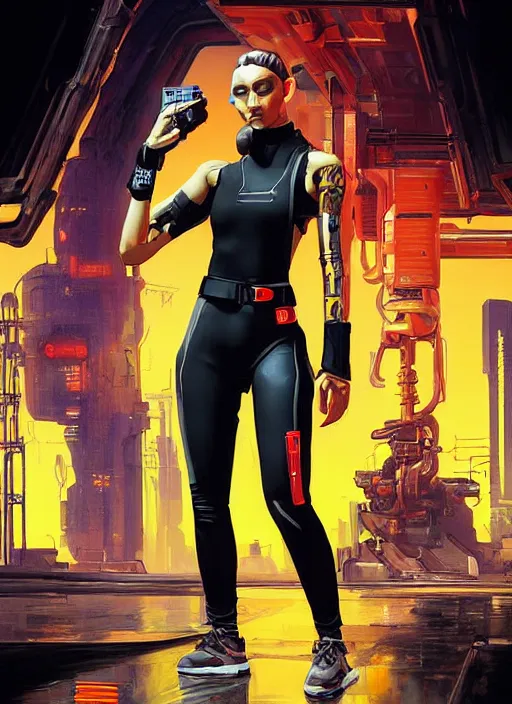 Image similar to beautiful cyberpunk female athlete wearing black jumpsuit and red jacket while firing a futuristic yellow belt fed automatic pistol. ad poster for pistol. cyberpunk poster by james gurney, azamat khairov, and alphonso mucha. artstationhq. gorgeous face. painting with vivid color, cell shading. ( rb 6 s, cyberpunk 2 0 7 7 )