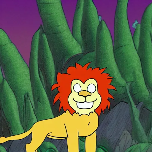 Prompt: Lion smiling in the jungle cartoon futurama style