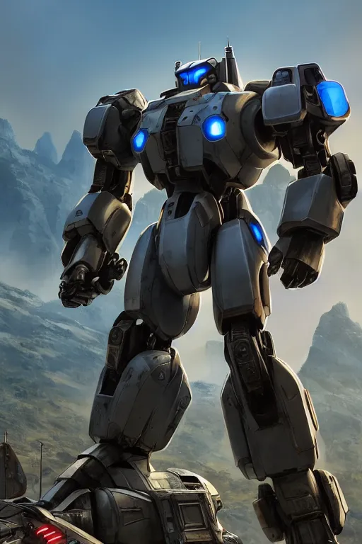 Image similar to mechwarrior 5 : mercenaries mech megaman transformer robot boss tank engine game octane render, 4 k, hd 2 0 2 2 3 d cgi rtx hdr style chrome reflexion glow fanart, global illumination ray tracing hdr fanart arstation by ian pesty by jesper ejsing pixar and disney unreal zbrush central hardmesh