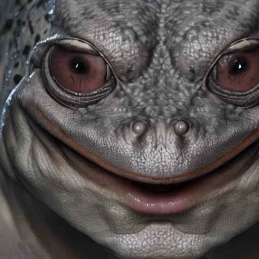 Image similar to hyperrealistic mixed media image of a ( ( frog ) ) whose head resembles alex jones, stunning 3 d render inspired art by greg rutkowski and xiang duan and thomas eakes, perfect symmetry, flesh texture, realistic, highly detailed attributes and atmosphere, dim volumetric cinematic lighting, 8 k octane detailed render, post - processing, masterpiece,