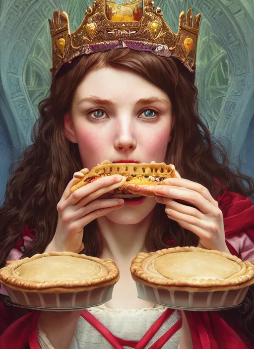 Image similar to highly detailed closeup portrait of a fairytale medieval princess eating meat pies, stephen bliss, unreal engine, greg rutkowski, ilya kuvshinov, ross draws, tom bagshaw, tom whalen, alphonse mucha, nicoletta ceccoli, mark ryden, earl norem, global illumination, god rays, detailed and intricate environment