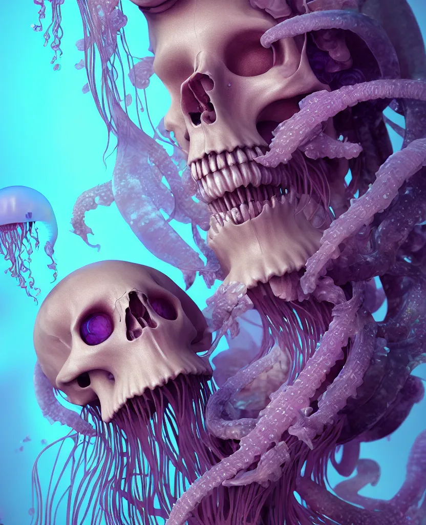 Image similar to goddess close - up portrait human skeleton, ram skull, jellyfish, orchid, betta fish, bioluminiscent, intricate artwork by tooth wu and wlop and beeple. octane render, trending on artstation, greg rutkowski very coherent symmetrical artwork. cinematic, hyper realism, high detail, octane render, 8 k