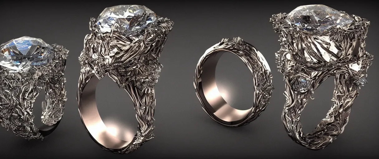 Prompt: magic crystal ring, fire, stone, crystal, engravings, diamonds, art by gerald brom, greg rutkowski, photo realism, unreal engine, c 4 d