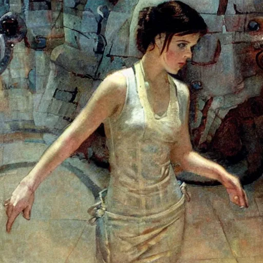 Image similar to young girl lost in a labyrinth, by dean cornwell,