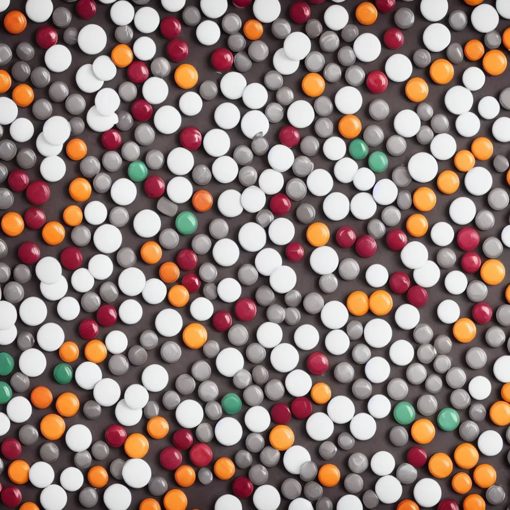 Prompt: top-down view of pills on top of a white wooden table, 4k, photorealistic