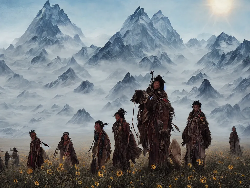 Image similar to a portrait of the mighty helianthus people, a nomadic mongolian tribe that worship the sunlight in a vast barren valley full of sunflowers that are withered dry, with glaciers peaking through fog in the distance, by Greg Rutkowski, Sung Choi, Mitchell Mohrhauser, Maciej Kuciara, Johnson Ting, Maxim Verehin, Peter Konig, Bloodborne, macro lens, 35mm, 8k photorealistic, cinematic lighting, HD, high details, atmospheric