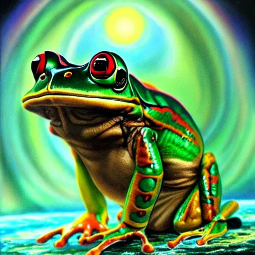 Prompt: the cyborg frog in the astral realm sacred journey in oil painting, trending on artstation, award winning, emotional, highly detailed surrealist art