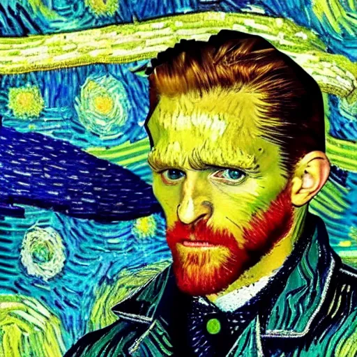 Image similar to youtuber casey neistat in a van gogh painting, 4 k, hyper realistic, dslr, high resolution, landscape, beautiful