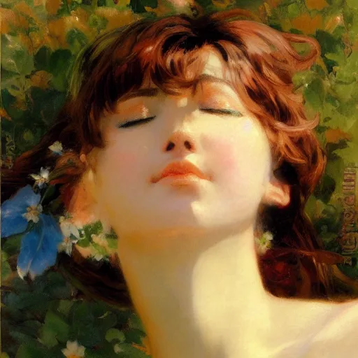 Prompt: detailed portrait of anime girl summer graceful, eyes closed, painting by gaston bussiere, craig mullins, j. c. leyendecker