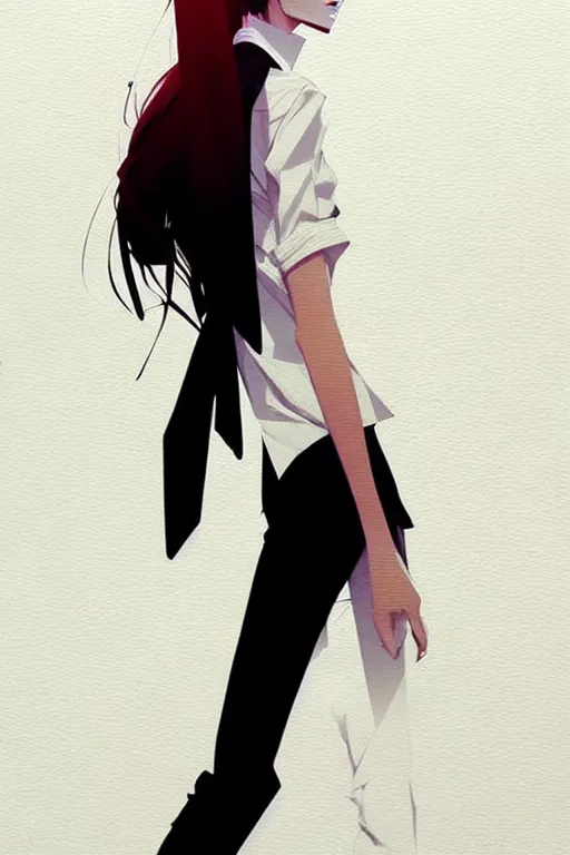 Image similar to a ultradetailed beautiful panting of a stylish woman, she is wearing a white shirt with a tie and black pants, by conrad roset, greg rutkowski and makoto shinkai trending on artstation