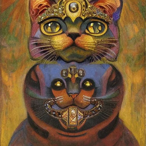 Image similar to masterpiece painting of an ornate bejeweled cat head, by annie swynnerton and diego rivera and nicholas roerich and jean delville, symbolist, dramatic lighting, god rays, elaborate geometric ornament, art brut, rich colors, smooth, sharp focus, extremely detailed, adolf wolfli and ( donato giancola )