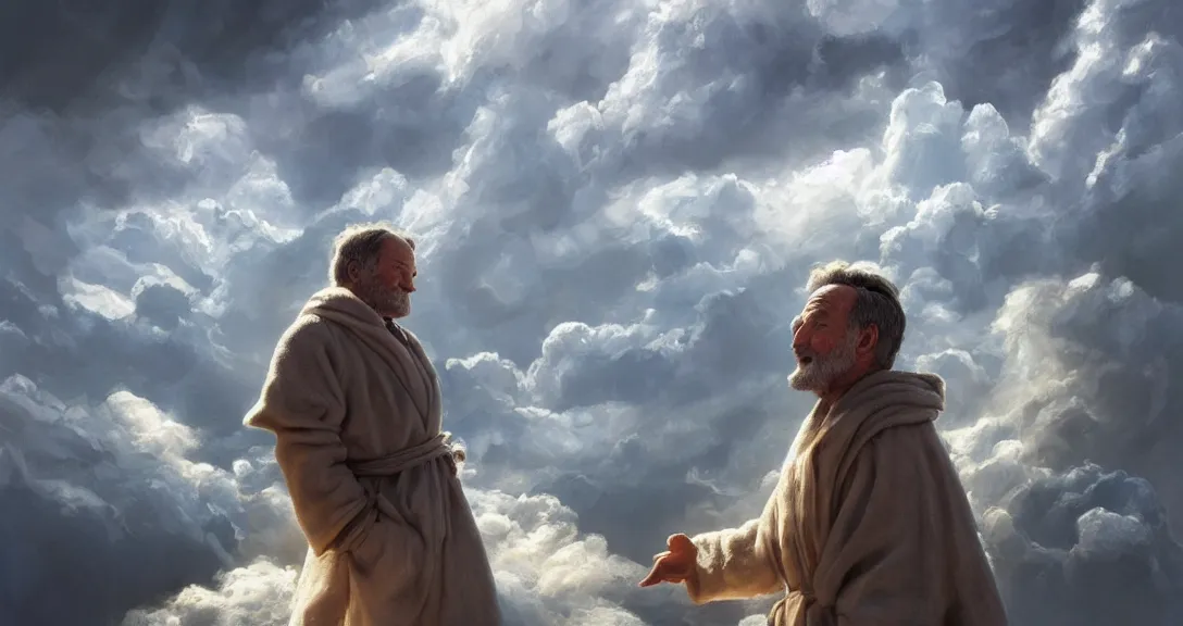 Image similar to robin williams is god, white beard, clouds, heaven, blue eyes, white robe, intricate, detailed, volumetric lighting, scenery, digital painting, highly detailed, artstation, sharp focus,, alex ross, ruan jia, steve mccurry