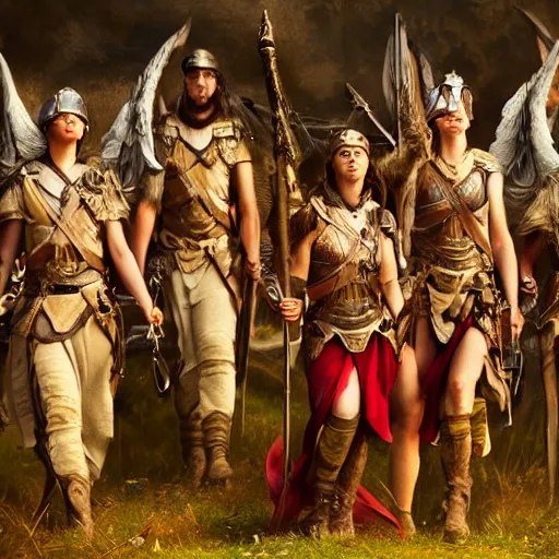 Image similar to Portrait of a Valkyrie and her soldiers, high detail, serious, masterpiece, 4k resolution, cinematic, trending, outstanding,