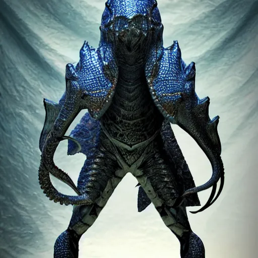 Image similar to detailed hypperrealistic artstation render, full body front view of a scaly black cloaked man, wearing a metallic blue squid mask. he holds in his hand a large knights blue greatsword, in addition tentacles emerge from his back like wings